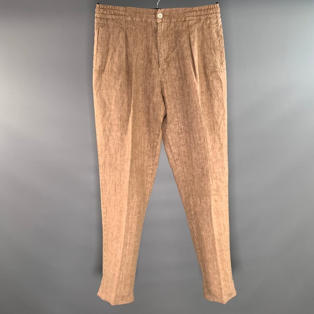 MARCO PESCAROLO Size 32 Brown Grey Dyed Linen Elastic Waistband Casual Pants